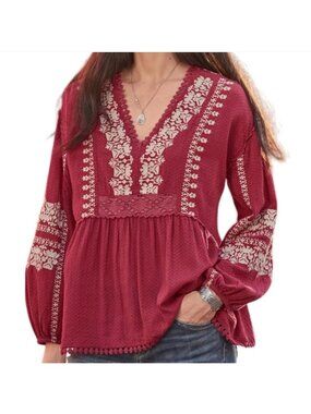 Sundance Nadia Embroidered Red V-Neck Peasant Boho Blouse Top XL